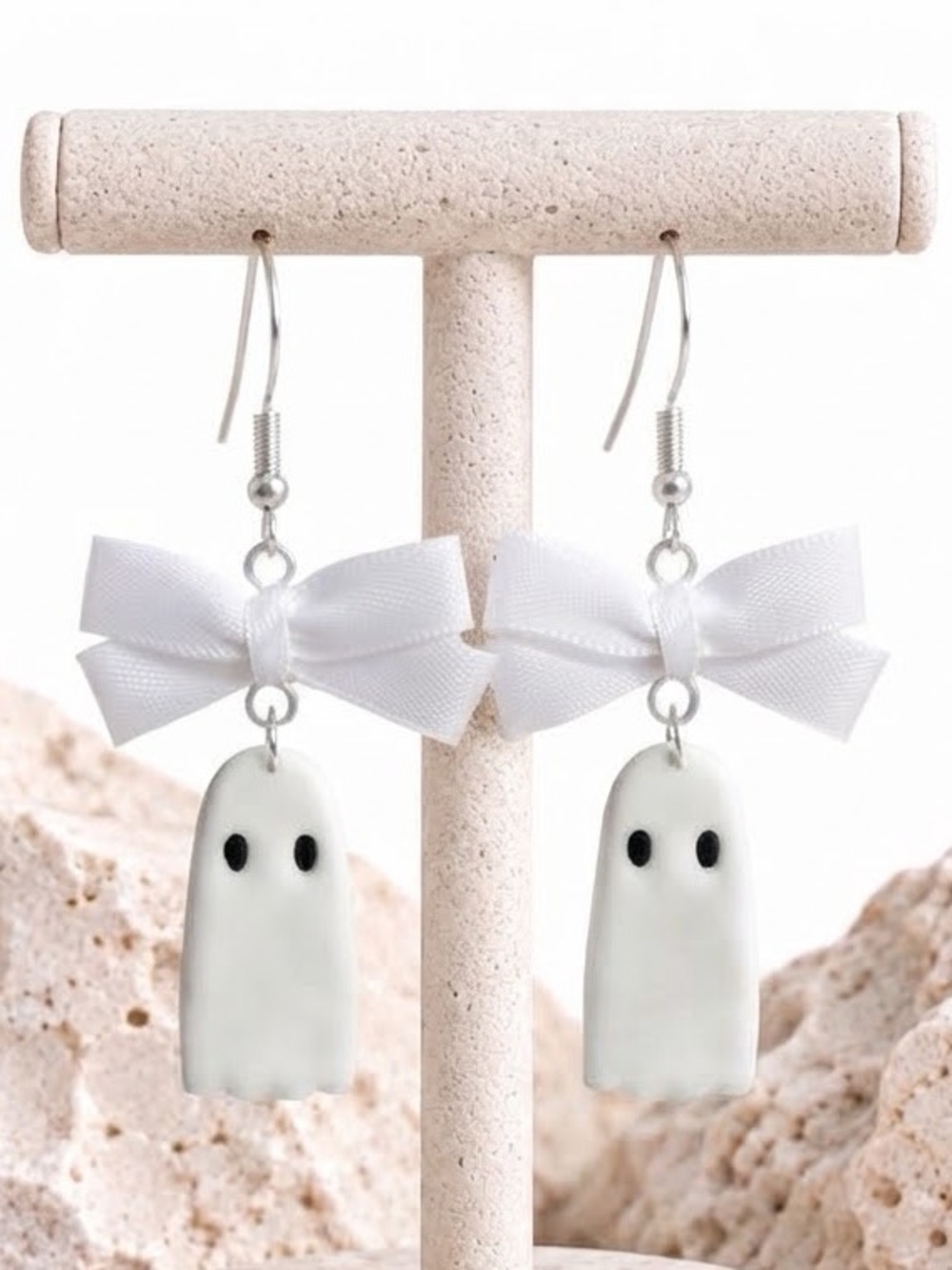 Bow Ghostie Dangles — Halloween — Handmade Earrings — White